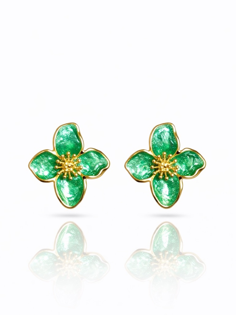 Green Floral Enamel Stud Earrings